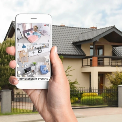 Detroit vivint phone display of cctv live feed in front of a house